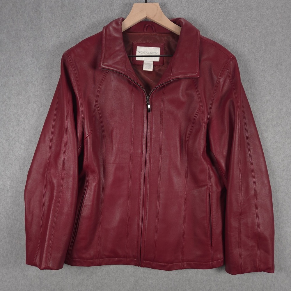 Worthington Lambskin Leather Womens Large Red Burgundy Jacket Coat